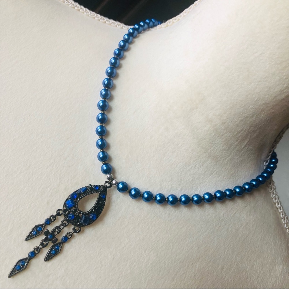 Handcrafted repurpose blue stone fringe pendant Czech glass Pearl necklace